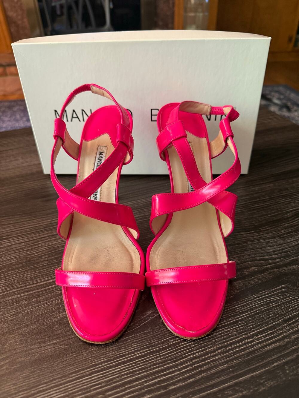 Manolo Blahnik Tiras Hot Pink Patent Leather Strappy Crossover Sandals Sz. 8.5